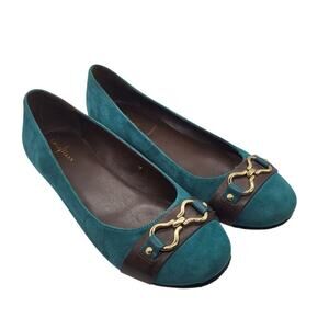 Cole Haan Horse Bit Suede Flat Shoes US 8.5 Green Gold Slip On Leather Preppy